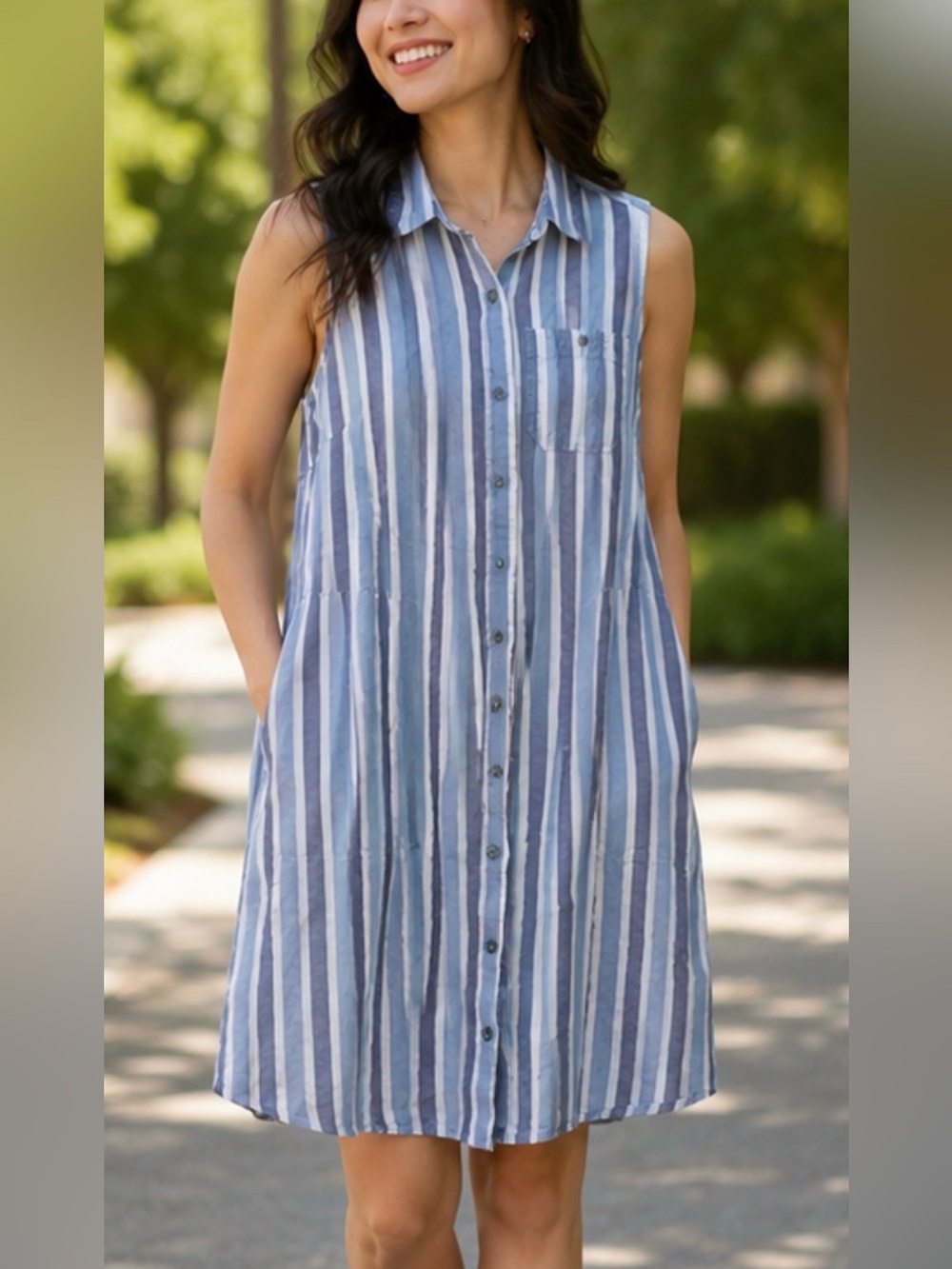 Toad&Co Organic Cotton Blue Vertical Stripes Sleeveless Shirt Dress Size Small